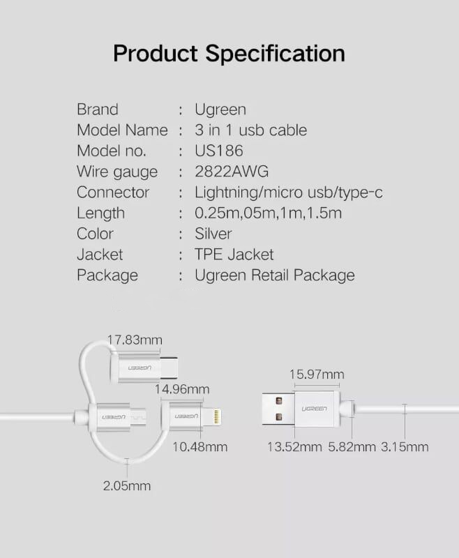 Ugreen 30462 1.5M màu Trắng Cáp sạc đa năng USB sang TypeC-Micro-Lightning