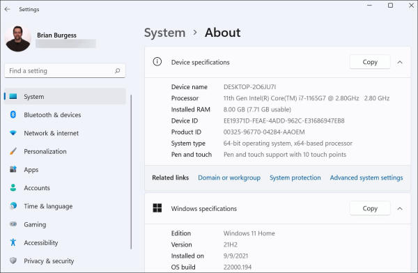 System > About