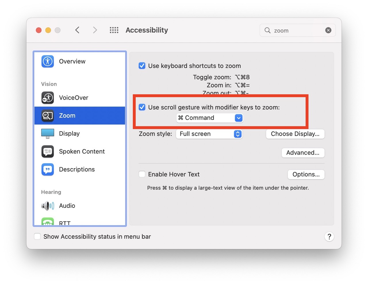 Bật cài đặt zoom trong accessibilyty